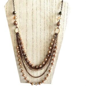 Layered Necklace Mocha Faceted Beads And Chains   Five Strands 32" Extension